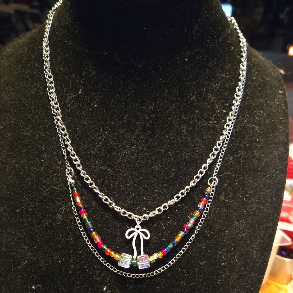 Silver Multicolor Beaded Necklace With Lavendar Bow